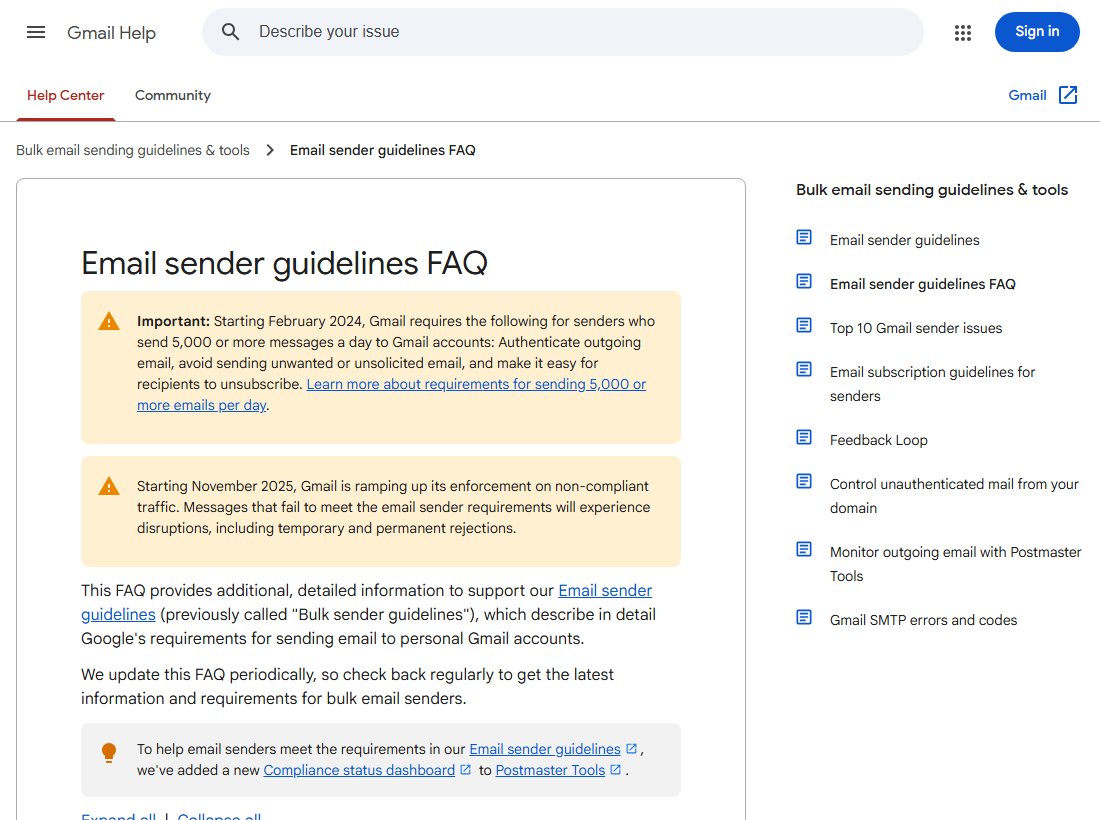 Google's Email sender guidelines FAQ in Gmail Help, opening with the requirements for senders of 5,000 or more messages a day.