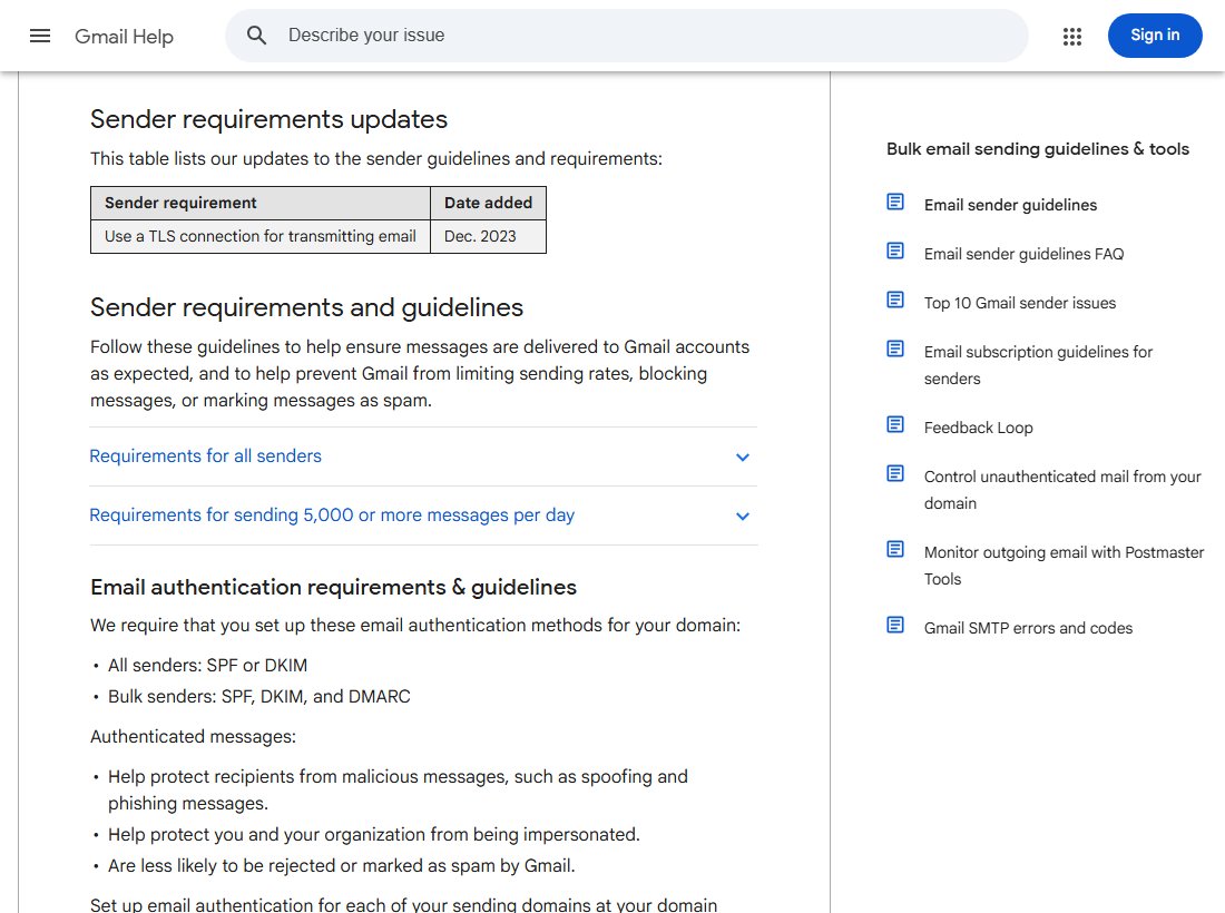 Google's Email sender guidelines page in Gmail Help, with sections for all senders and for senders of 5,000 or more messages a day, and the authentication rules: SPF or DKIM for all senders, and SPF, DKIM and DMARC for bulk senders.