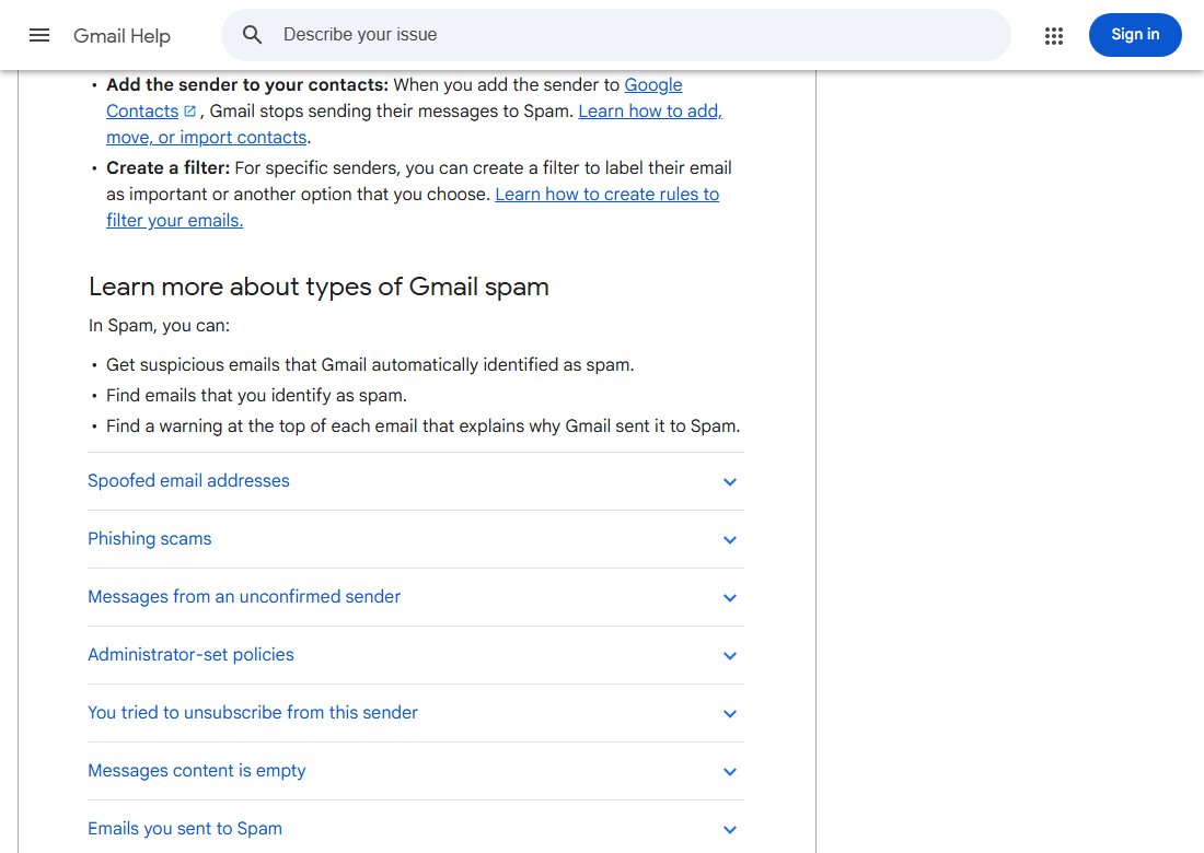 Gmail Help page about spam. It says each email in Spam has a warning explaining why, and lists warning types such as spoofed email addresses, phishing scams, messages from an unconfirmed sender and administrator-set policies.