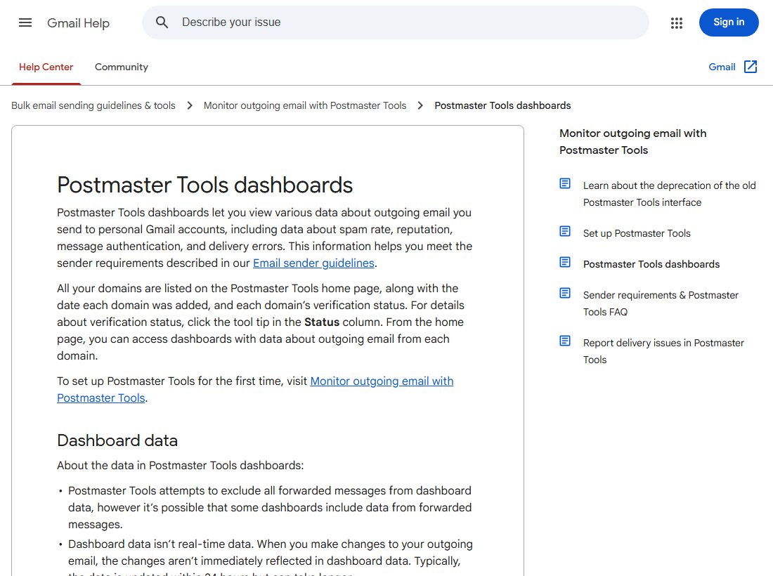 Gmail Help page Postmaster Tools dashboards, explaining that the dashboards show data about spam rate, reputation, message authentication and delivery errors for mail sent to personal Gmail accounts.