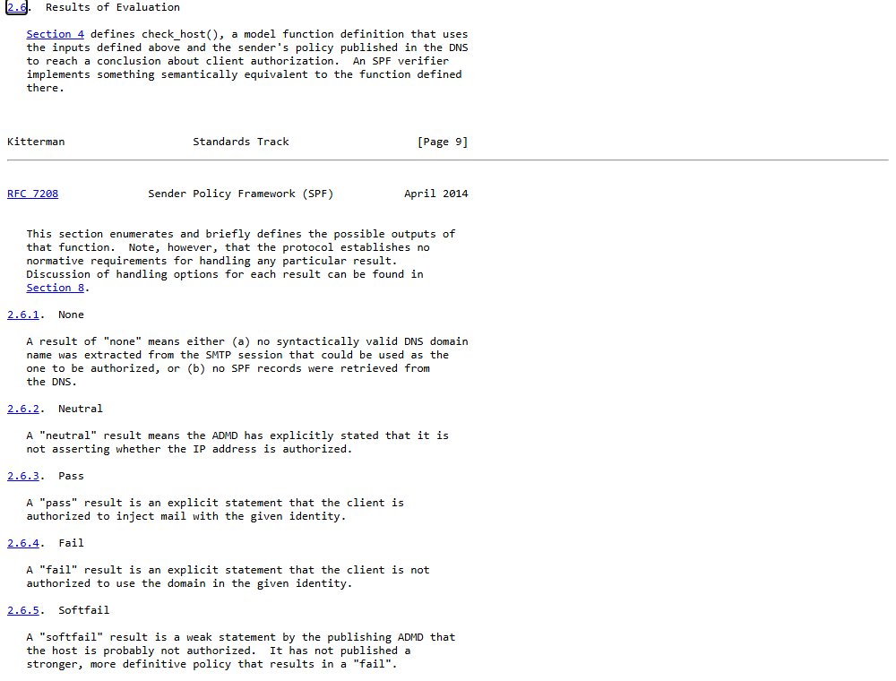 RFC 7208 section 2.6, Results of Evaluation, defining the SPF results none, neutral, pass and fail.